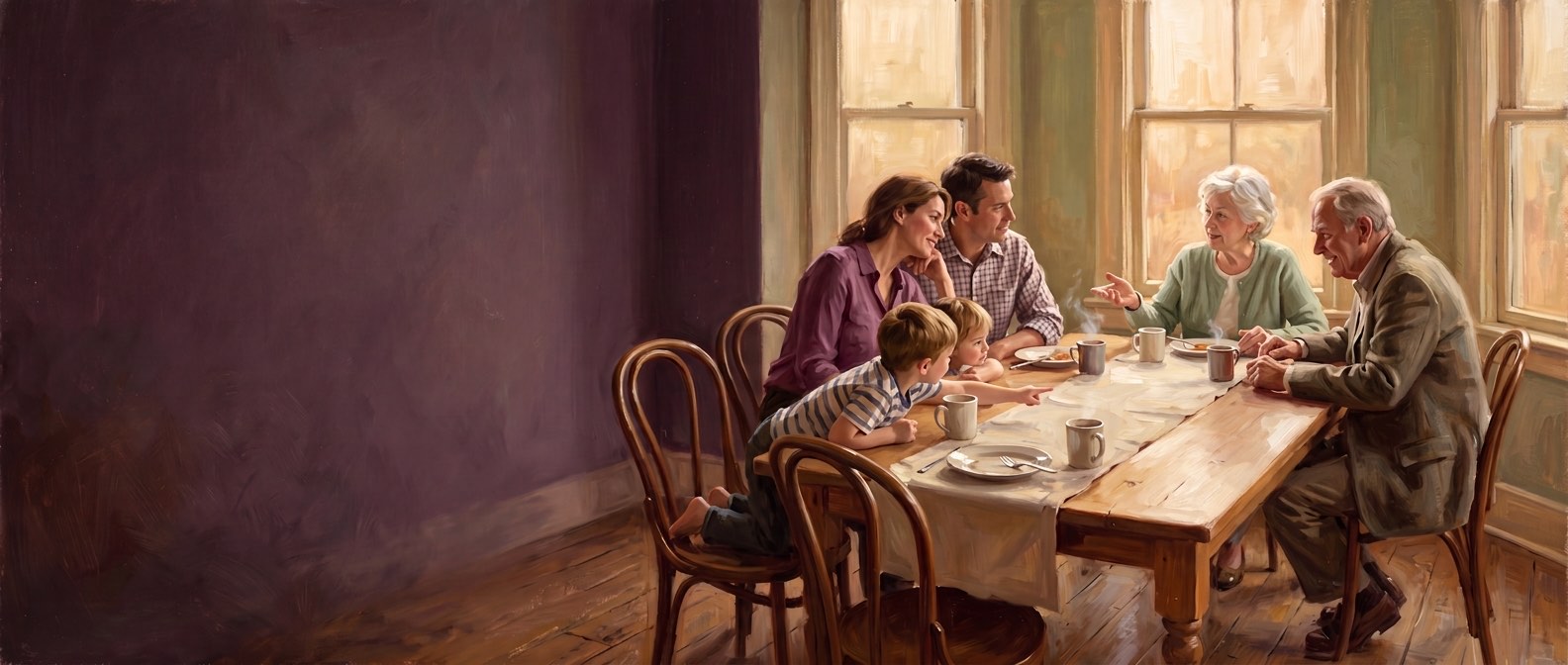 Three generations of a family talking around the table after a meal
