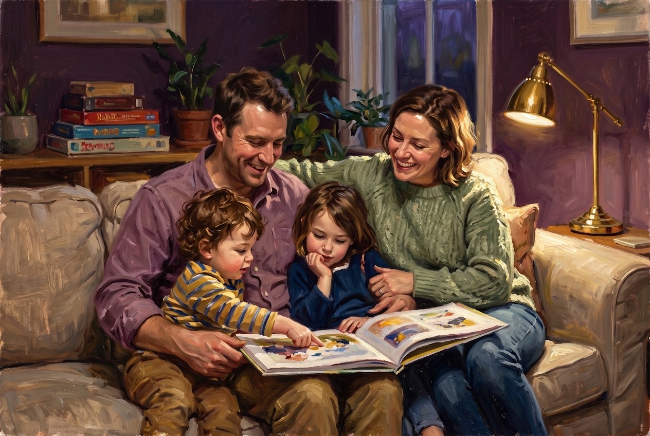 Parents and two young children reading a picture book together on the sofa