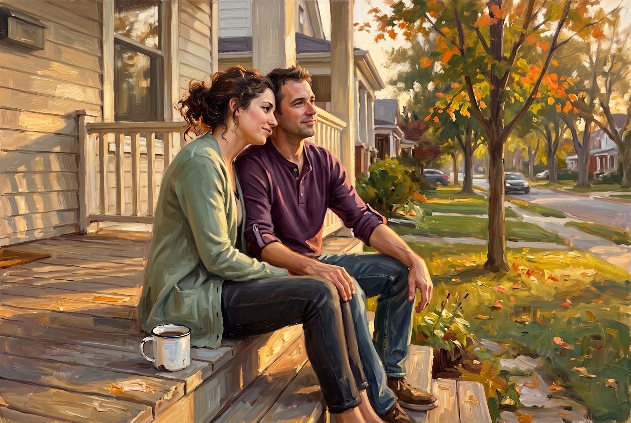 A couple sitting together on the front steps of their home at golden hour