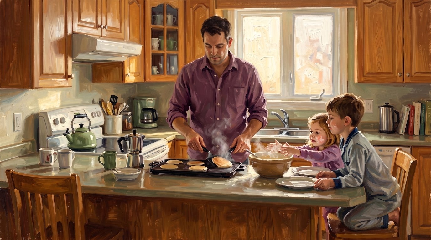 A father making pancakes with his two children on a Saturday morning