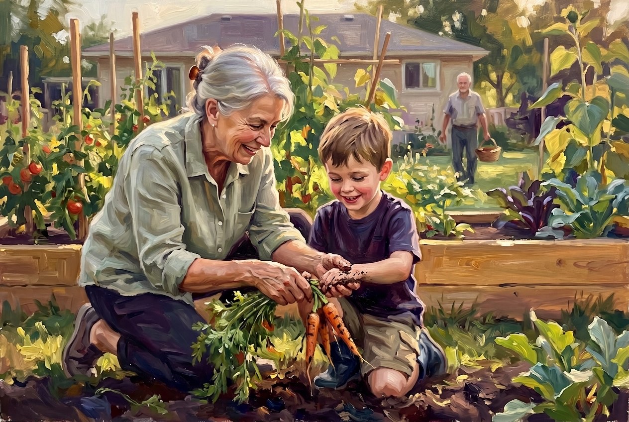 A grandmother and her grandson lifting carrots from a backyard garden