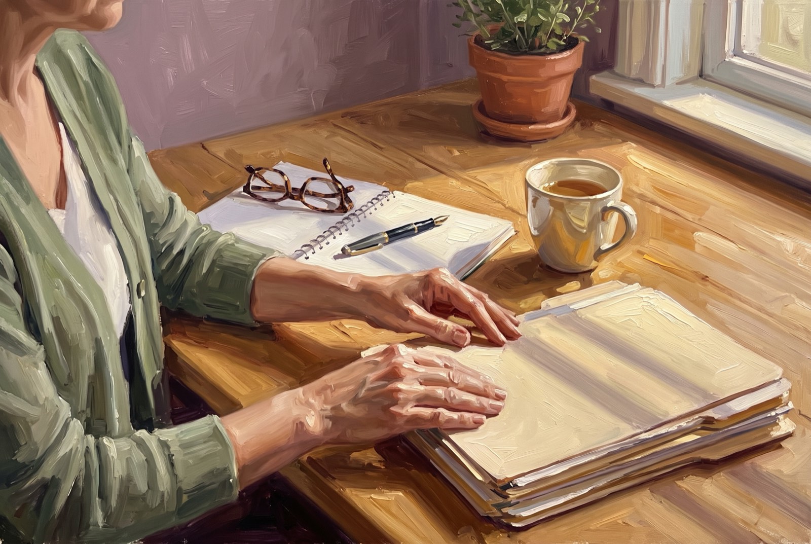 Hands squaring a stack of labelled file folders on a sunlit kitchen table