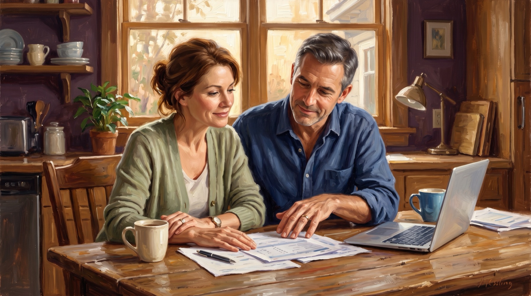 A couple reviewing their financial plan together at a kitchen table, calm and in control
