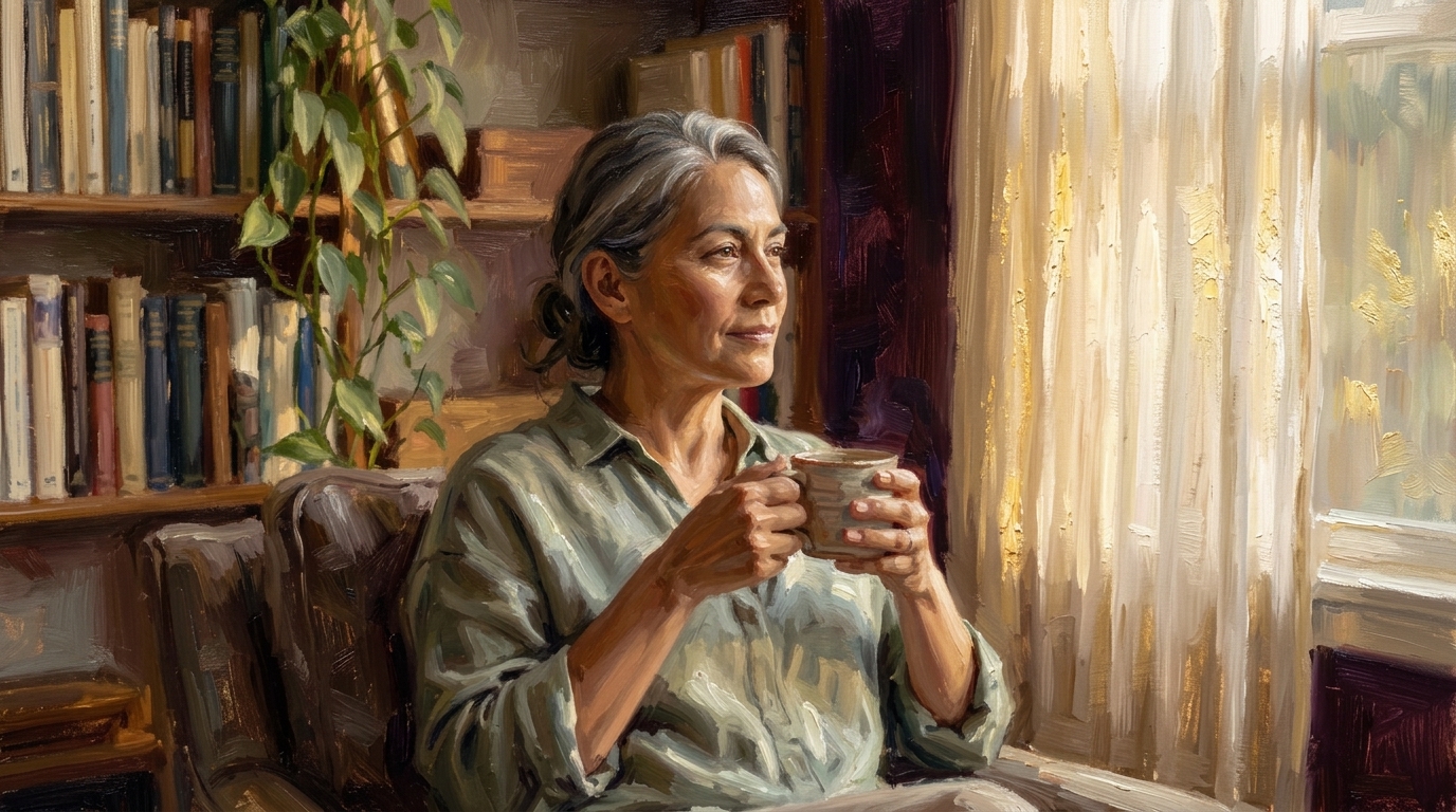 A woman sitting peacefully in a warm home study, holding a mug of tea, evoking the quiet confidence of having the right financial protection in place
